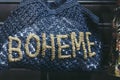 Vintage handmade blue crochet bag with text Boheme Royalty Free Stock Photo