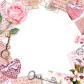 Vintage handwritten letters, pink rose flowers, textile hearts, stamps, keys. Vintage card, blank, frame - empty space Royalty Free Stock Photo