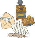 Vintage Handwritten Page, Envelope, Quill Pen, Inkstand and Blotter Royalty Free Stock Photo