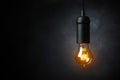 Vintage hanging light bulb glowing in dark room