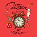 Vintage Happy New Year, Merry Christmas greeting card. Alarm clock holding glass of champagne and gift box. Cartoon hand