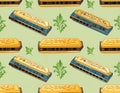 Vintage Harmonica Pattern on Light Green Background with Floral Accents Royalty Free Stock Photo