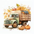 Vintage Harvest Autumn Watercolor Truck. Generative AI