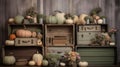 Vintage Harvest, Halloween decor. A nostalgic Halloween scene with vintage-inspired pumpkins elegantly arranged on