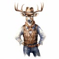 Vintage Hat And Vest Watercolor Illustration Of A Cowboy Deer