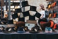 Vintage hats on sale at stall inside Spitalfields Market, London, UK Royalty Free Stock Photo