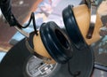 Vintage headphone and old vinyls Royalty Free Stock Photo