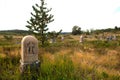 A vintage headstone in a large cemetery field