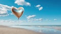 Vintage heart balloon on beach blue sky concept of love in summer and wedding honeymoon. Generative Ai