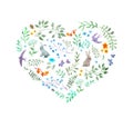 Vintage heart - cute flowers, rabbits, birds. Watercolor