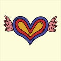 Vintage heart with flying wings vector icon. Hand drawn retro illustration, 70s style. Groove hippie print for decoration Royalty Free Stock Photo