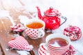 Vintage Heart, Hot Cup of Tea on the Snow, Red Teapot Royalty Free Stock Photo