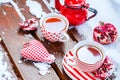 Vintage Heart, Hot Cup of Tea on the Snow, Red Teapot Royalty Free Stock Photo