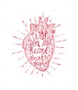 Vintage heart with sunburst and hand written text - With you my heart beats faster. Valentine's Day Lettering.