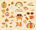 Vintage hello autumn vibe retro funky groovy greeting fall season sticker badge isolated set