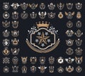 Vintage heraldic emblems vector big set, antique heraldry symbolic badges and awards collection, classic style design elements,