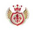 Vintage heraldic insignia made with monarch crown and lily flower royal symbol. Eco friendly product symbol, king quality theme i Royalty Free Stock Photo