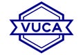 Vintage hexagon label banner with word VUCA abbreviation of Volatility, uncertainty, complexity and ambiguity in blue on Royalty Free Stock Photo