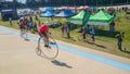 Vintage high wheel bicycle competition at Canterbury Velodrome in the annual event of Classic Bicycle show.