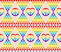 Vintage hippie seamless background with rainbow, hippie symbol, psychedelic abstract triangle colorful pattern Royalty Free Stock Photo