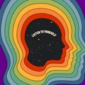 Vintage hippie styled motivation illustration with human head silhouette with starry night sky texture surrounded by rainbow with