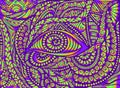 Vintage hippie trippy psychedelic Eye with many decorative crazy patterns, neon bright gradientorange green purple color Royalty Free Stock Photo