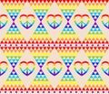 Vintage hippie wallpaper with rainbow, hippie symbol, psychedelic abstract triangle colorful pattern
