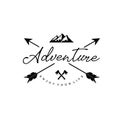 Vintage hipster adventure lettering logo with arrows mountain and crossed ax logo design
