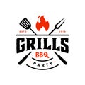 Vintage hipster Grill Barbeque invitation party barbecue bbq with crossed fork spatula and fire flame Logo design Royalty Free Stock Photo