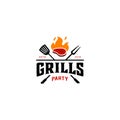 Vintage hipster Grill Barbeque invitation party barbecue bbq with crossed fork spatula and fire flame Logo design Royalty Free Stock Photo