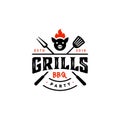 Vintage hipster Grill Barbeque invitation party barbecue bbq with crossed fork spatula and fire flame Logo design