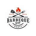 Vintage hipster Grill Barbeque invitation party barbecue bbq with crossed fork spatula and fire flame Logo design Royalty Free Stock Photo