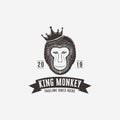 Vintage Hipster King monkey logo vector template, with hand drawn style