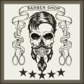 Vintage, hipster skull barbershop logo in old style, vector.