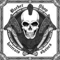 Vintage, hipster skull barbershop logo in old style, vector.