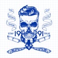 Vintage, hipster skull barbershop logo in old style, vector.
