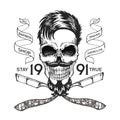 Vintage, hipster skull barbershop logo in old style, vector.