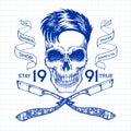 Vintage, hipster skull barbershop logo in old style, vector.