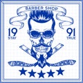 Vintage, hipster skull barbershop logo in old style, vector.