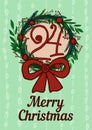 Vintage holiday card with Christmas wreath, bow, number 24 and text Merry Christmas. Simple vector poster in green and red Royalty Free Stock Photo