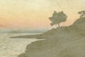 Vintage holiday card on old paper background. Sea view of single olive tree and sunset