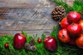Vintage holiday Christmas New Years poster card banner fresh green juniper red apples pomegranates pine cones baubles on wood