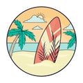 Vintage holidays vector design - surfboards on the beach against sunny seascape. Vector illustration of the sea and