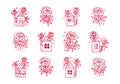 Vintage home, floral, rose, and crystal lineart elements for feminine logo, beauty brand, invitation, card, or decoration