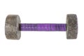 vintage homemade dumbbell cast in lead with violet handle isolate on white background
