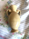 Vintage Honey Brown Miniature Pottery Pitcher - Ewer on Floral Silk Scarf Background