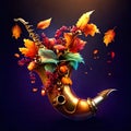 Vintage horn of the horn with autumn leaves on a dark background AI generated