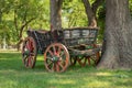 Vintage horse cart in a city park among old trees and green lawn Royalty Free Stock Photo