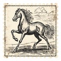 Vintage Horse Galloping Illustration In Mail Art Style