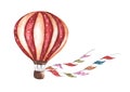 Vintage hot air balloon with flags garlands, polka dot pattern and retro design. Watercolor illustration.